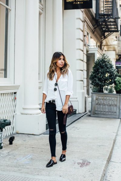 White linen shirt with buttons, ripped skinny jeans and black leather shoes