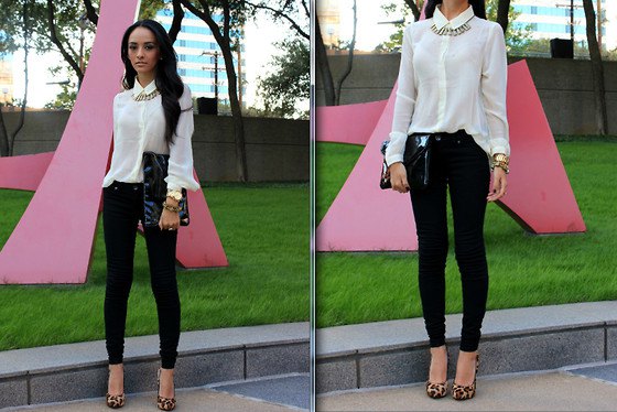 White sheer button down shirt, black skinny jeans and leopard print heels