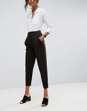 White button down shirt and black high waisted cropped chinos