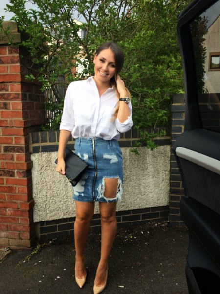 White button down shirt and blue mini skirt badly torn