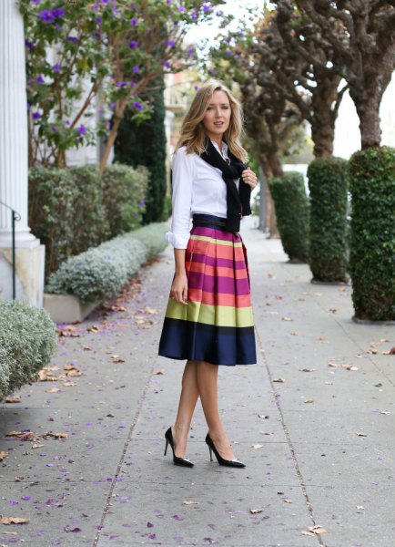 White button down shirt and color block midi skirt