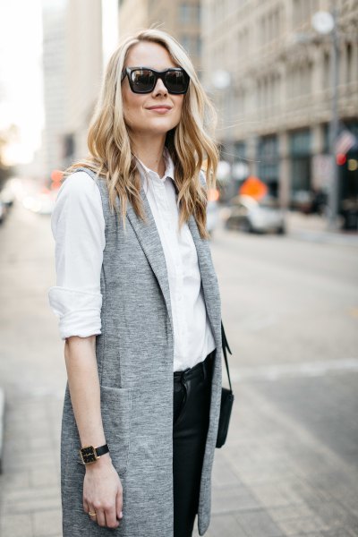 White button down shirt and mottled gray longline waistcoat