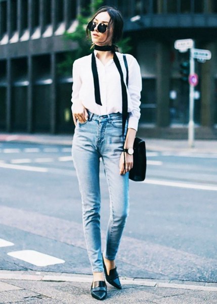 White button down shirt, high rise slim fit jeans and black leather pointed toe loafers