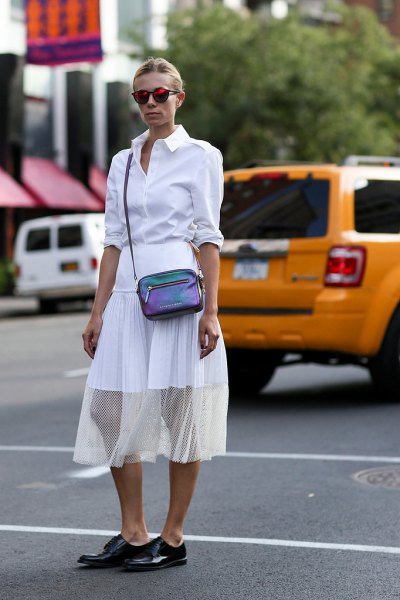 White button down shirt, semi sheer midi chiffon skirt and black leather derby shoes