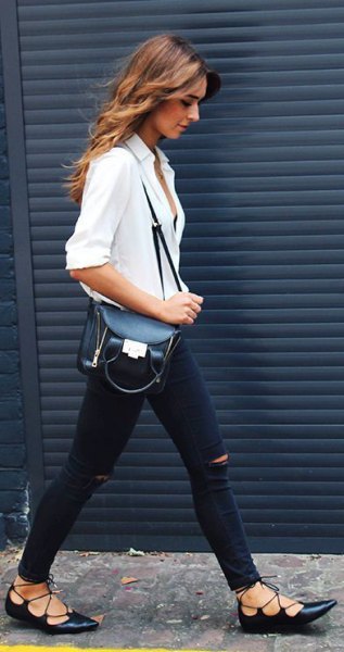 White button down shirt, ripped jeans and black strappy ballet flats