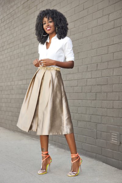 White button down shirt with rose gold flared midi skirt