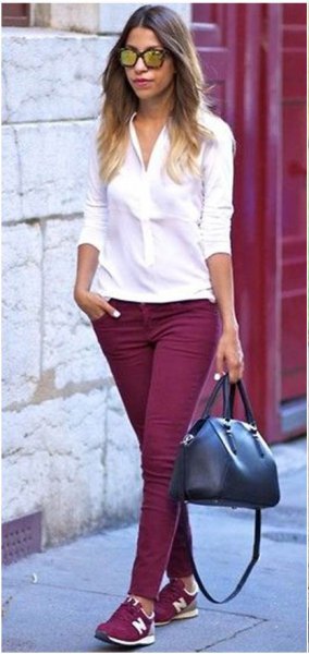 White button down slim fit blouse, burgundy skinny jeans and matching shoes