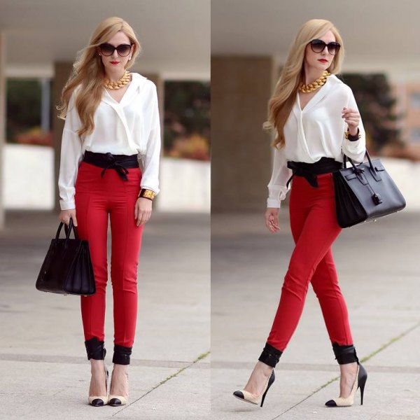 white chiffon blouse with red high-waisted skinny pants