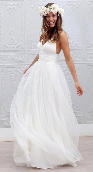 White floor length chiffon flowing wedding dress