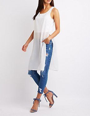 White chiffon semi-transparent long tank top with ripped jeans