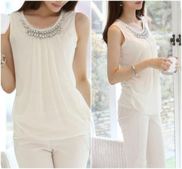 White sleeveless chiffon top with slim fitting trousers
