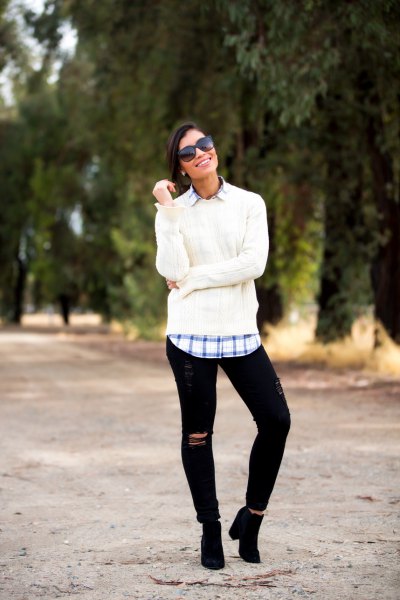 White bulky sweater with blue check boyfriend shirt