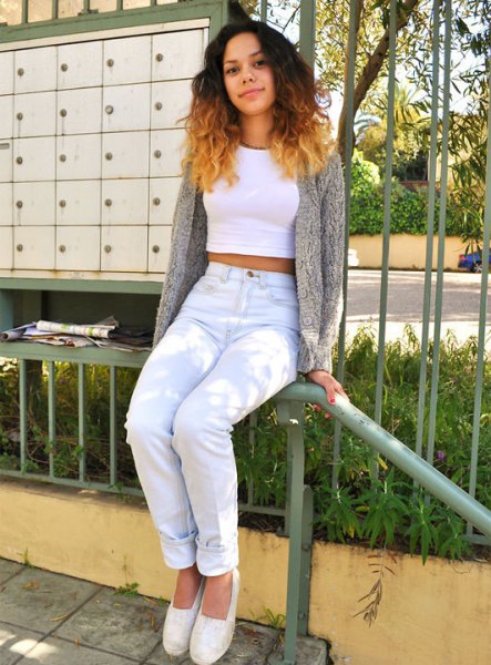 White crop top with mottled gray sweater cardigan
