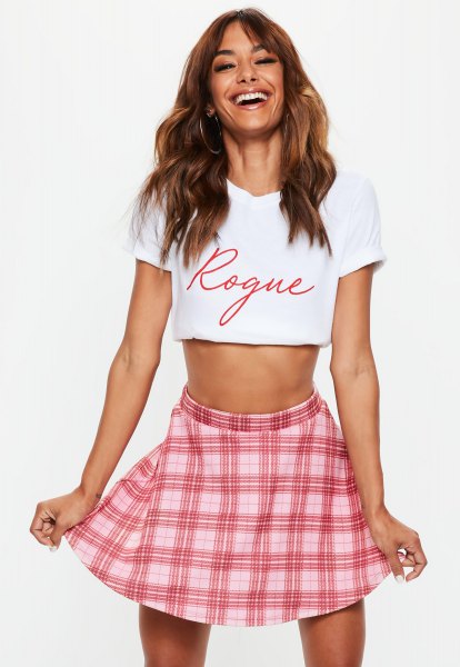 White cropped graphic tee with pink check mini skirt