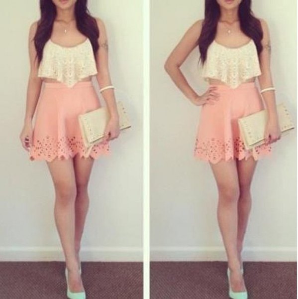 White lace cropped tank top with pink high waisted mini skater skirt