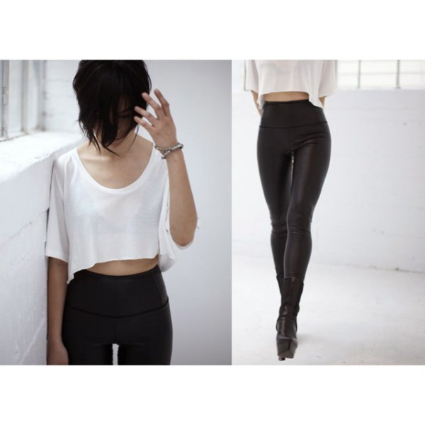 White cropped t-shirt with high-waisted leggings