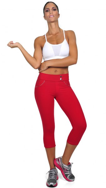 White cropped tank top with red tracksuit leggings