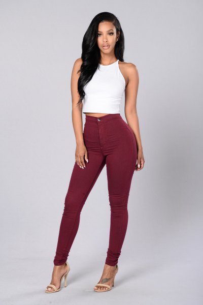White cropped tank top and super skinny maroon jeans