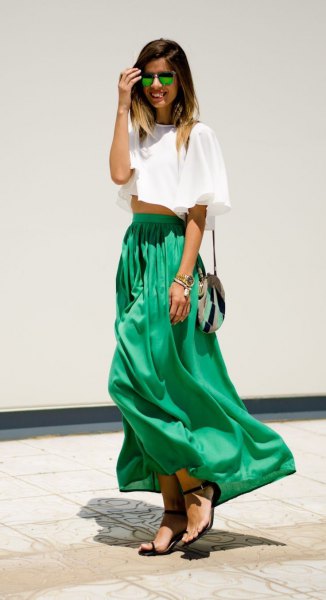 White cropped t-shirt with high waist green maxi skirt