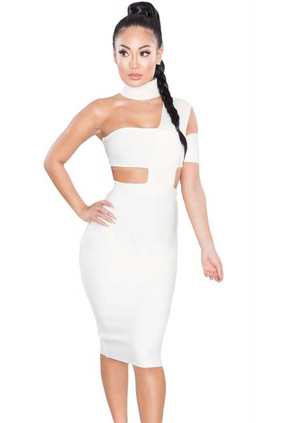 White midi bandage dress with cut outs and matching heels