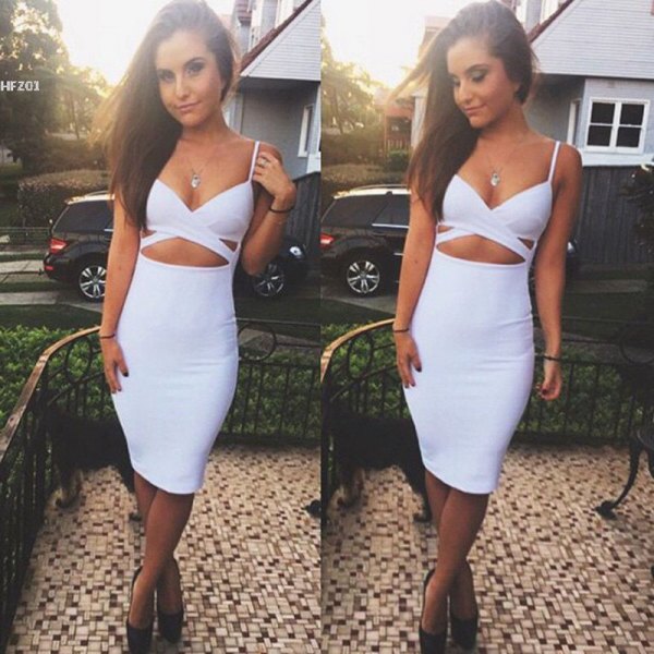 White two piece bodycon midi dress with a deep V-neck and open front
