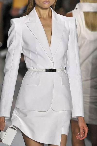 White suit with clutch and open heels