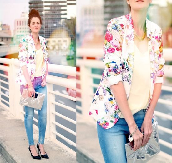 White floral blazer and light yellow tank top