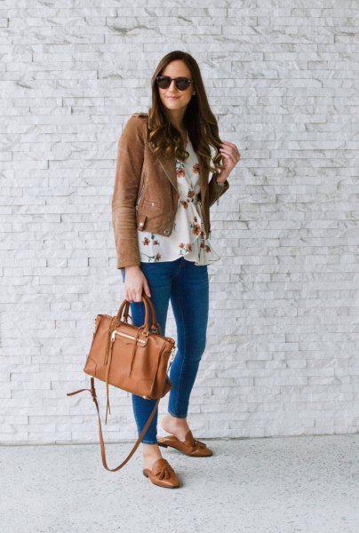 White floral blouse, brown leather jacket and matching loafers