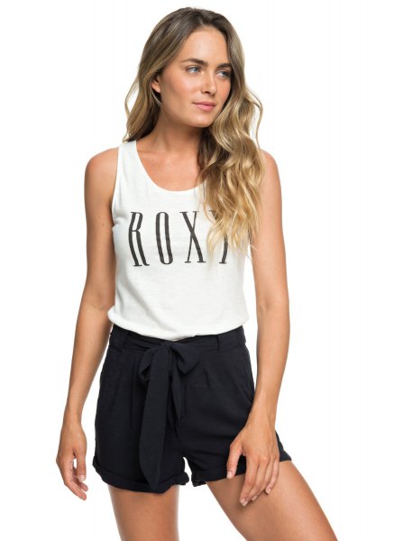 White scoop neck graphic tank top with black tie shorts