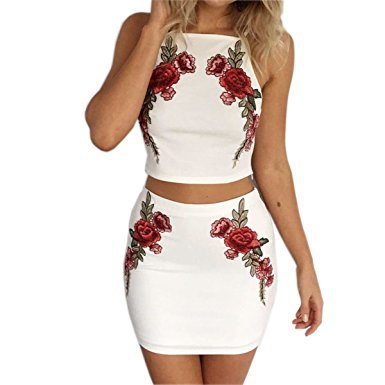White two piece halterneck dress with floral embroidery
