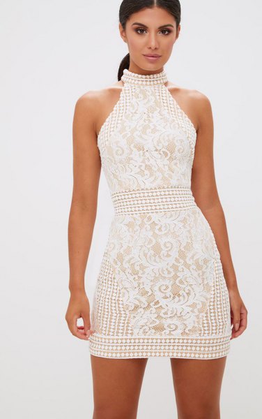 White lace high neck flared mini dress