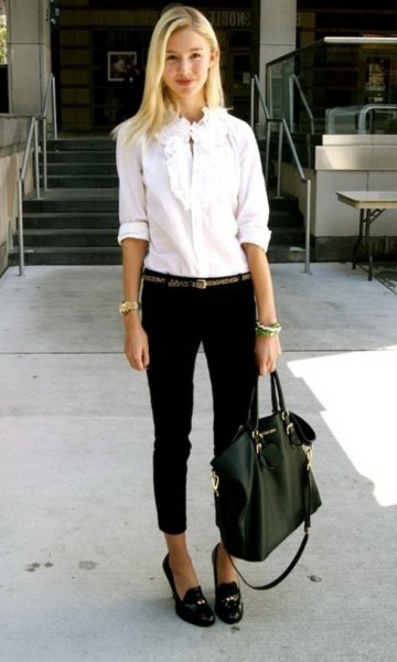 White button-down shirt with a lace collar and cropped suit trousers