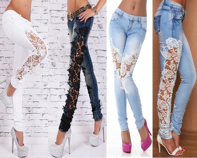White lace jeans with silver sequin high heels