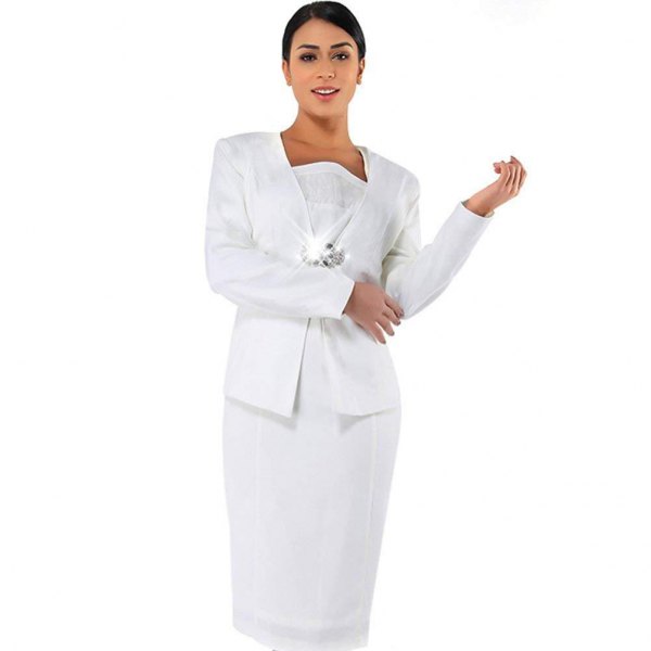 White, knee-length, lace shift dress with a casual suit jacket