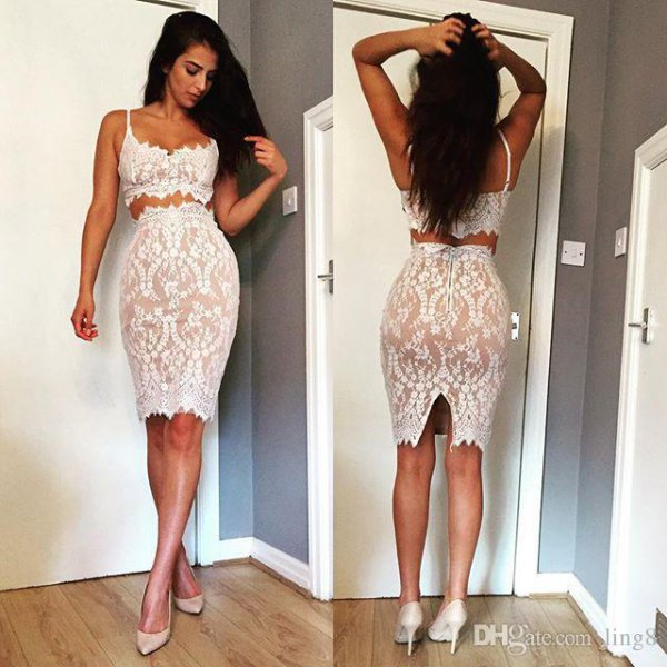 Two-piece bodycon midi dress in white lace with a scoop neckline