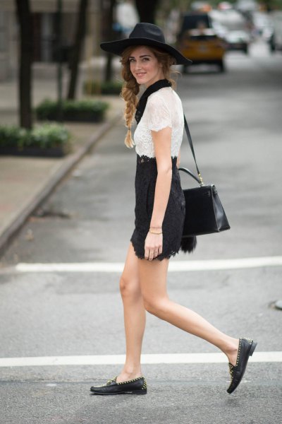 white lace top with black high rise mini skirt and casual shoes