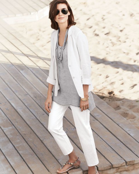 White linen blazer with gray relaxed cotton tunic top