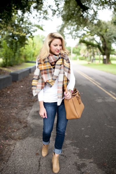 White long sleeve t-shirt with gold and gray check blanket scarf