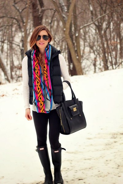 white long sleeve t-shirt with rainbow colored scarf