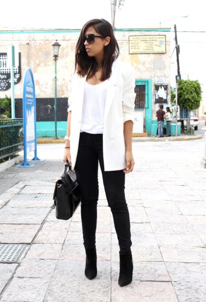 White longline blazer with black suede ankle boots
