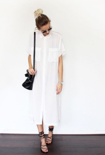White maxi summer tunic blouse with black gladiator sandals