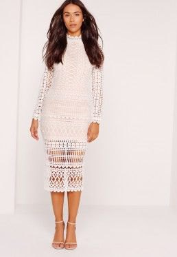 White semi-sheer midi lace dress with long sleeves
