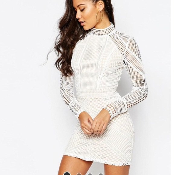 White fit and flare high neck mini dress