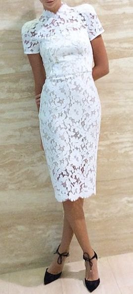 White lace high neck bodycon short sleeve midi dress