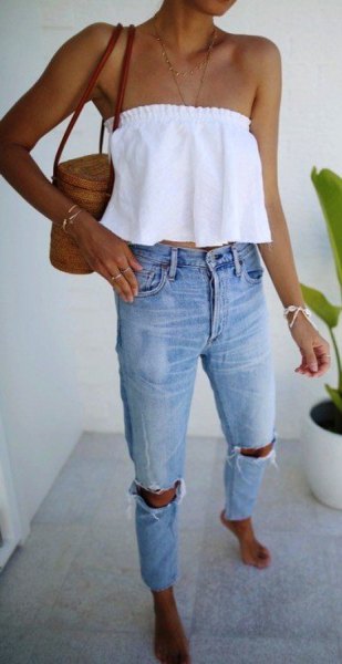 White off shoulder crop top with ripped jeans