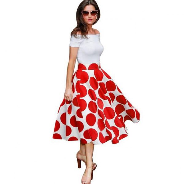White off shoulder red polka dot print flare midi dress