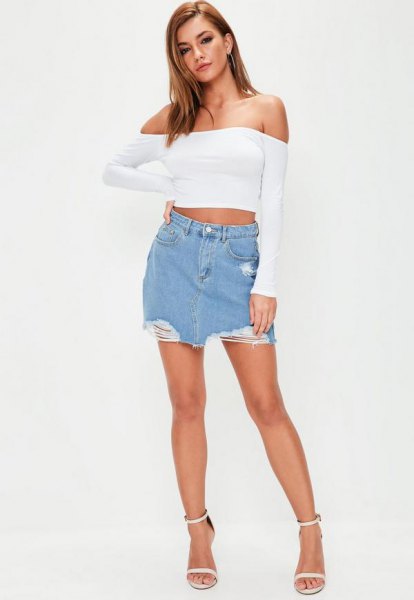 White off shoulder short sleeve top with denim mini skirt