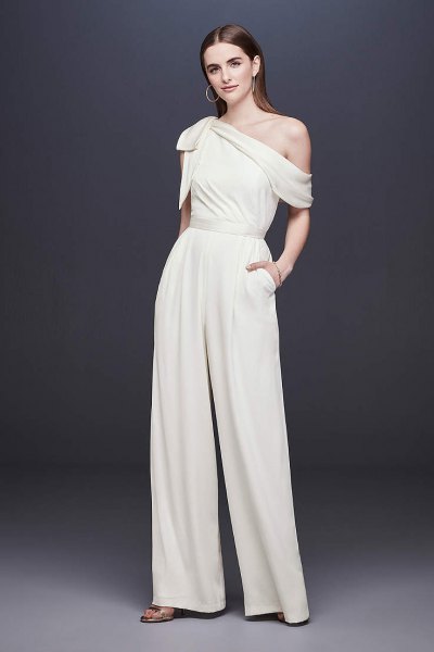 White relaxed fit wide leg one shoulder formal jumpsuit