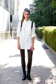 White oversized button down shirt, black skinny jeans and leather ankle boots