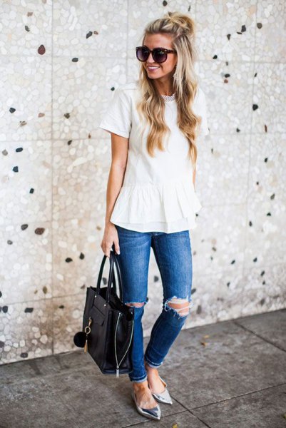 White peplum blouse with ripped jeans and silver metallic pointy ballet flats